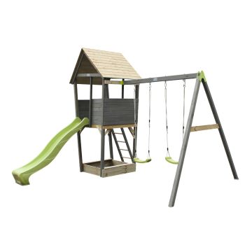 Houten Speeltoren Aksent met glijbaan en schommelzitjes