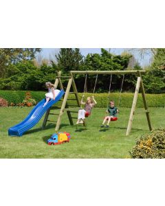 Houten speeltoestel Premium met twee schommelzitjes en glijbaan