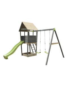 Houten Speeltoren Aksent met glijbaan en schommelzitjes
