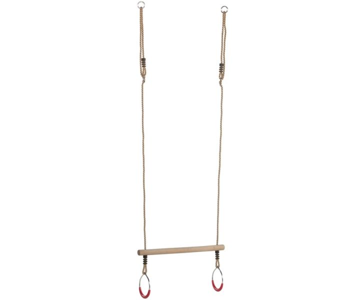 Houten ringtrapeze met metalen ringen