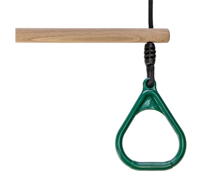 Houten Ringtrapeze met Kunststof Ringen Groen - BR touw zwart uitgeklapt
