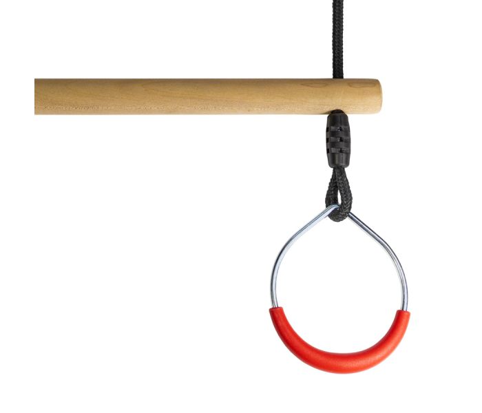 Houten ringtrapeze met metalen ringen - BR touw zwart