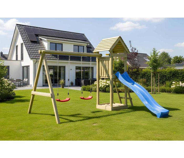 Houten Speeltoestel Kidoo Play met schommels en glijbaan
