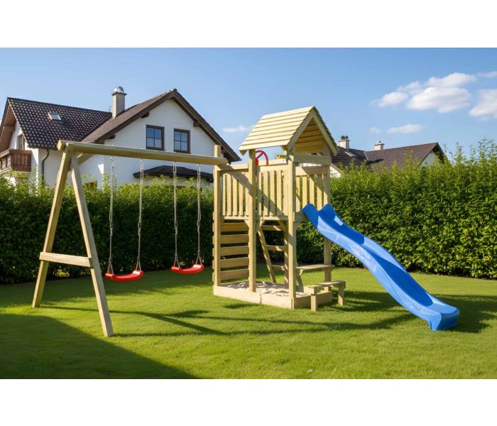 Houten Speeltoestel Lunoo Play+ met schommels en glijbaan