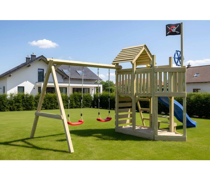 Houten Speeltoestel Maroo Play+ met schommels en glijbaan